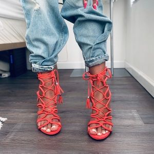 Orange Strappy Lace Up Heel